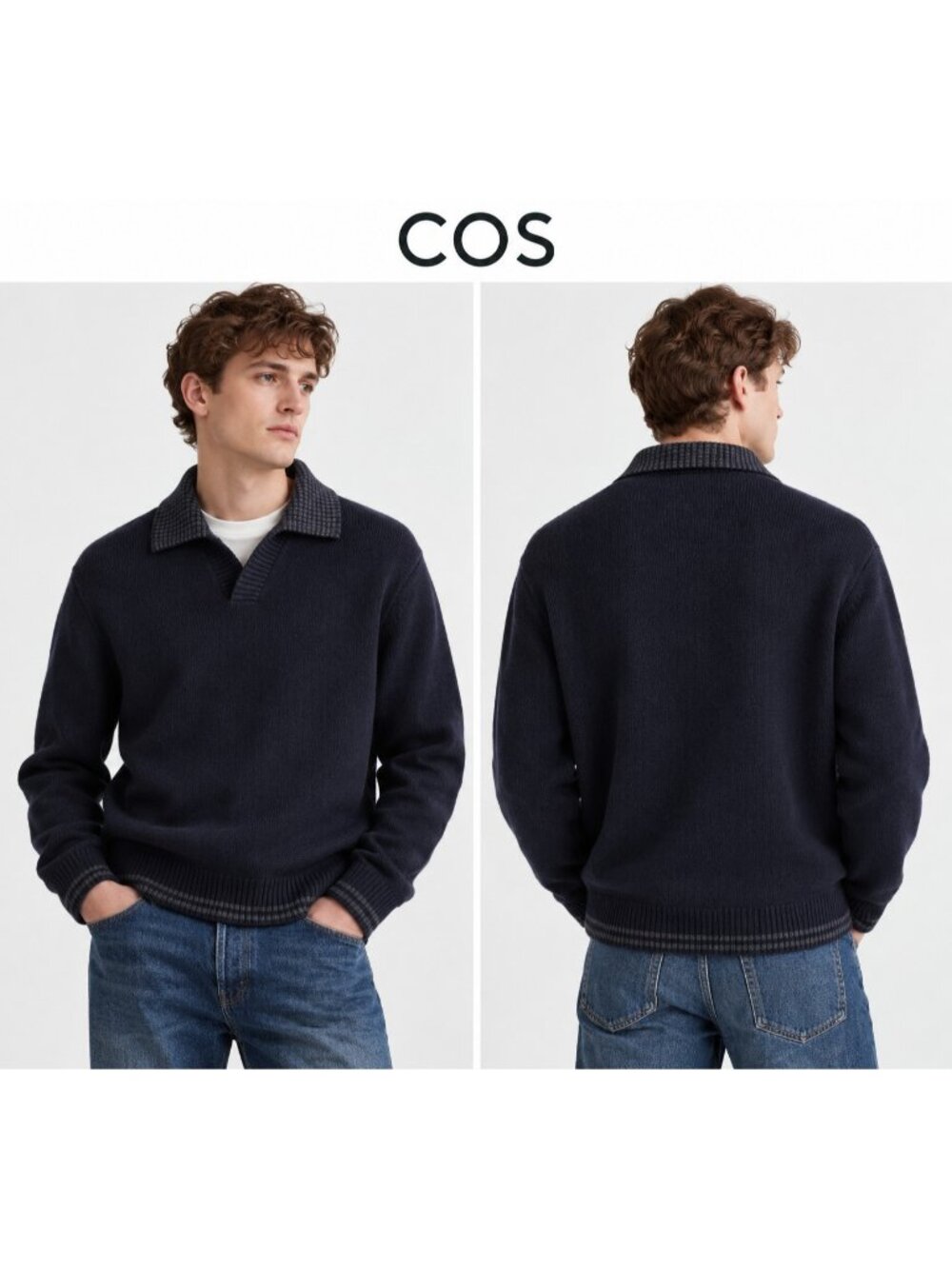 COS Men's 100% Wool Relaxed Knit Polo Sweater Navy Blue Size XL